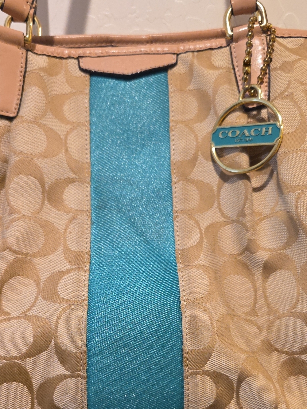 Coach Tan Signature Canvas Tote with Teal Center Stripe - Picture 2 of 16